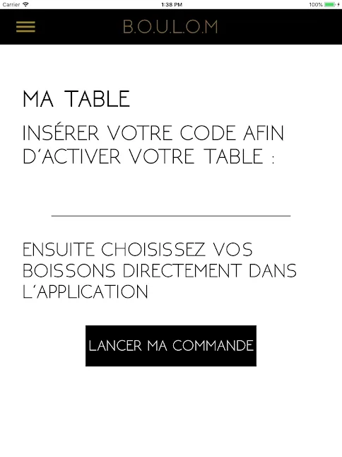 Application Boulom : saisie du code de table avant de commander ses boissons