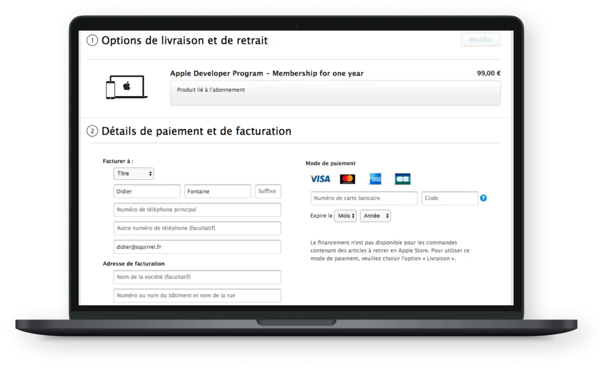 Saisie des informations de paiement et de facturation de l’adhésion à l’Apple Developer Program