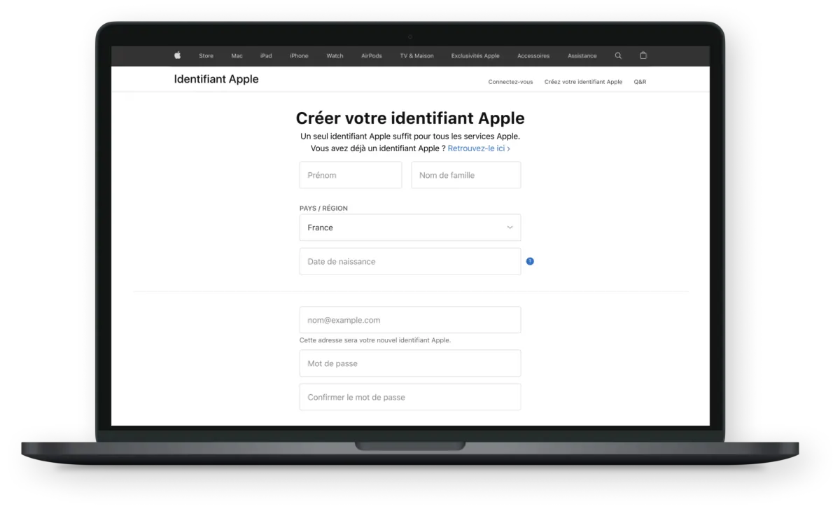Formulaire « Créer votre identifiant Apple » avec les informations personnelles à renseigner