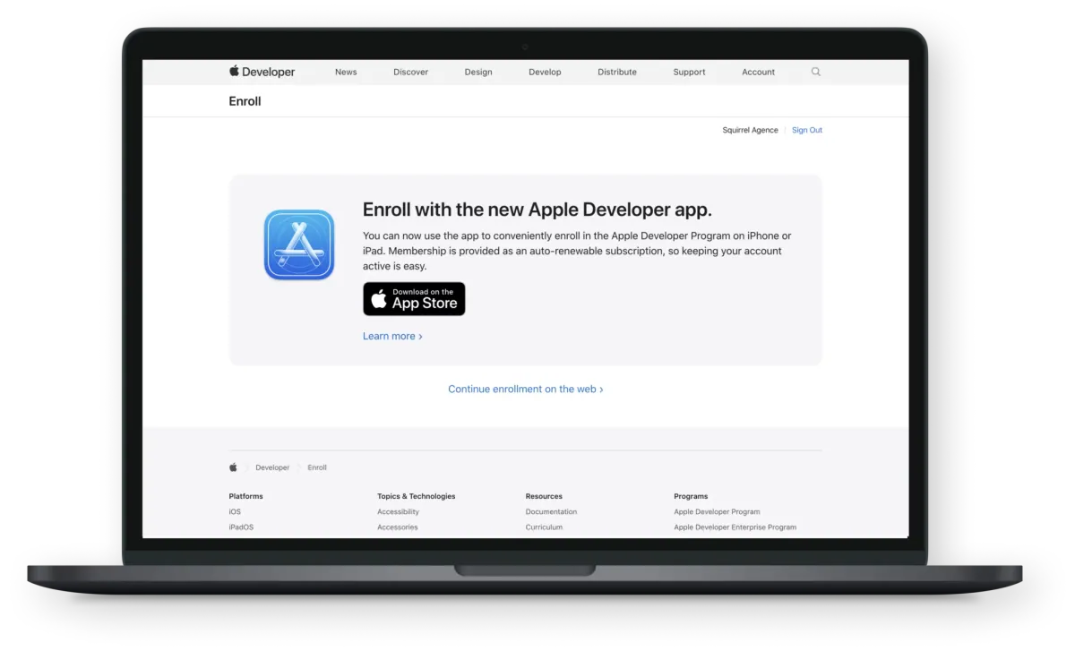 Page d’inscription invitant à passer par l’app Apple Developer sur iPhone, iPad ou Mac