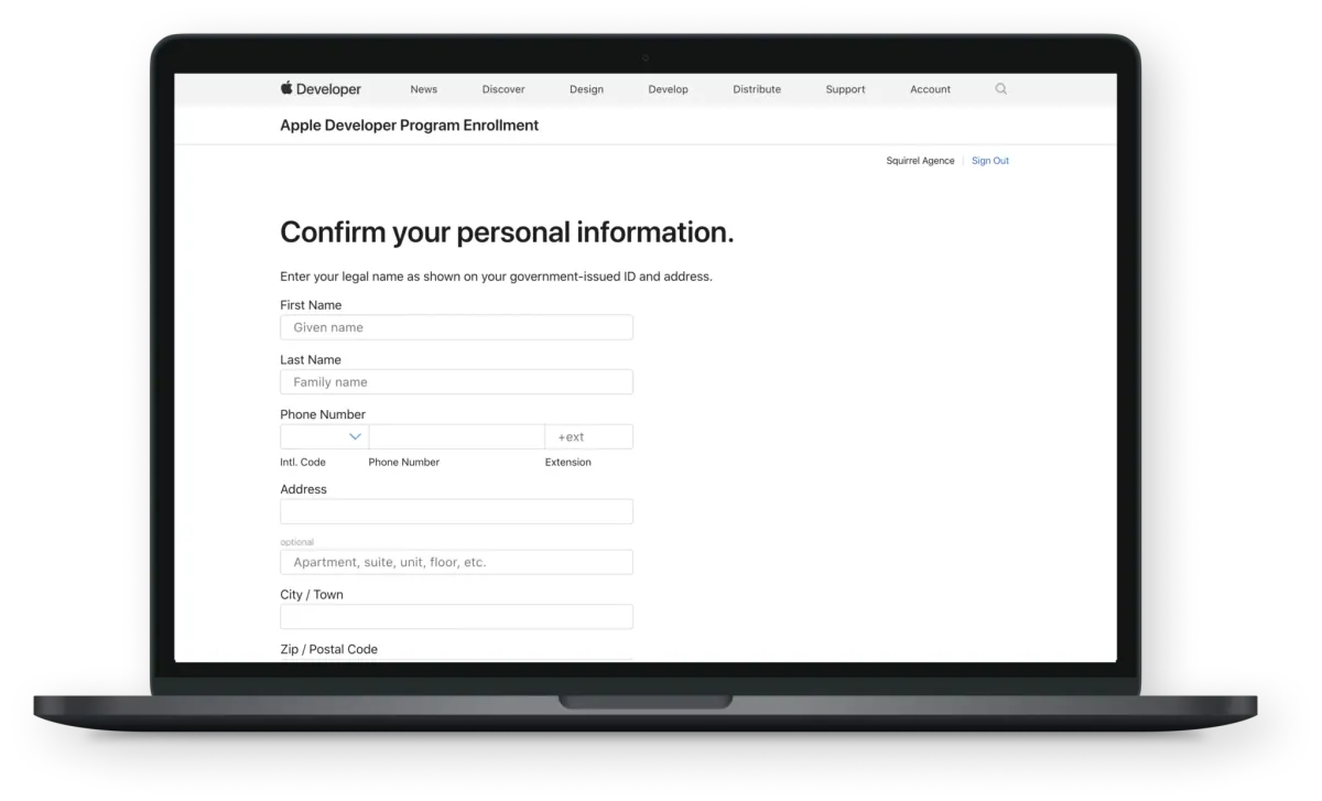 Formulaire « Confirm your personal information » de l’inscription à l’Apple Developer Program