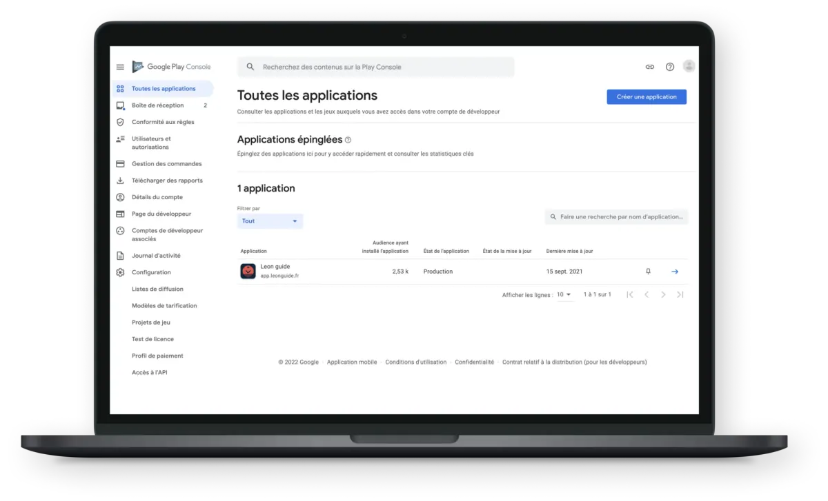 Google Play Console : liste de toutes les applications