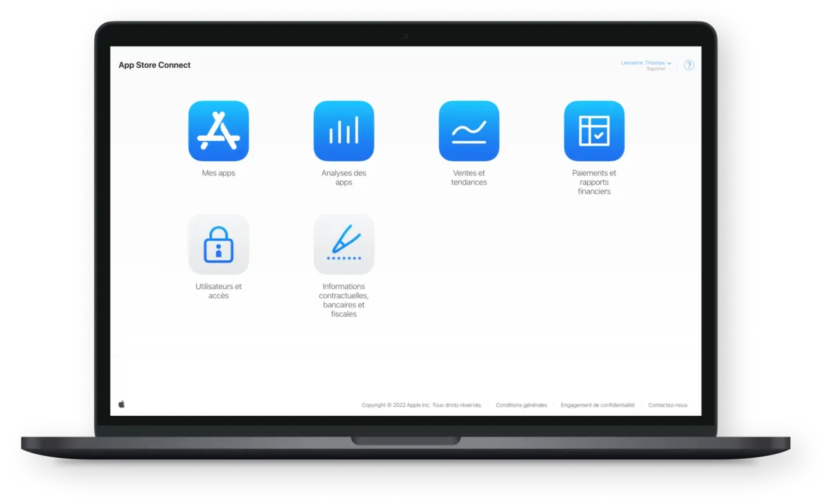 Accueil d’App Store Connect avec l’icône « Mes apps »