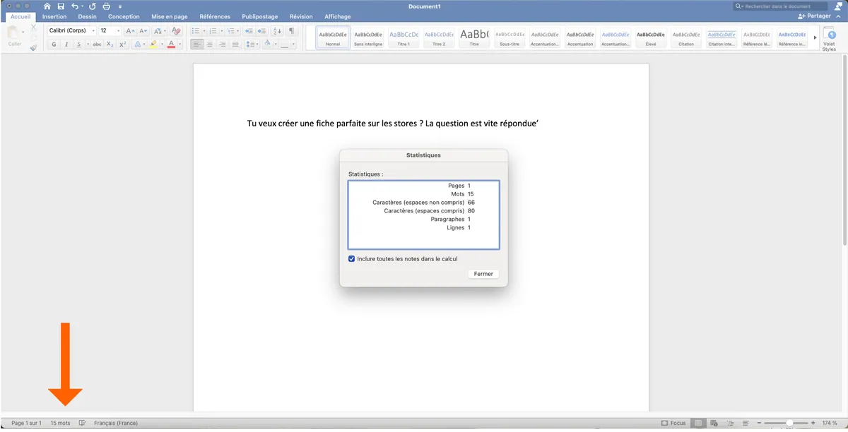 Document Word avec la fenêtre Statistiques et le compteur de mots dans la barre d’état, en bas à gauche