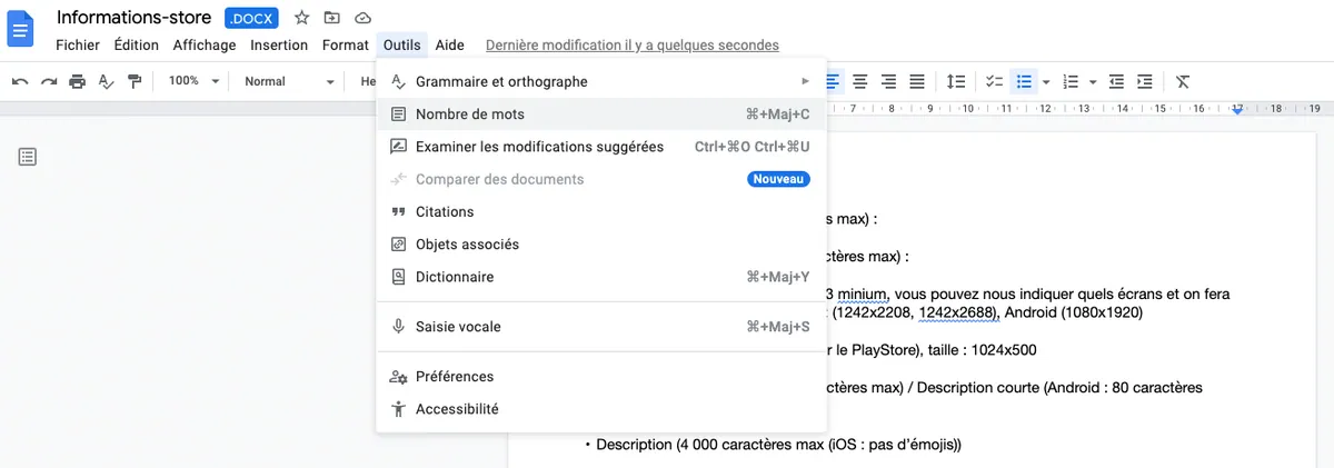 Menu Outils de Google Docs ouvert sur l’option « Nombre de mots »
