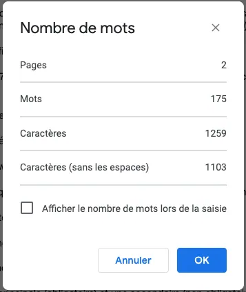 Fenêtre « Nombre de mots » de Google Docs : pages, mots, caractères avec et sans espaces
