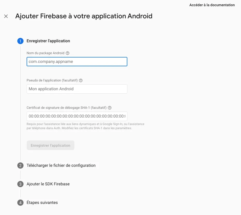 Formulaire Firebase d’ajout d’une application Android, avec le nom du package