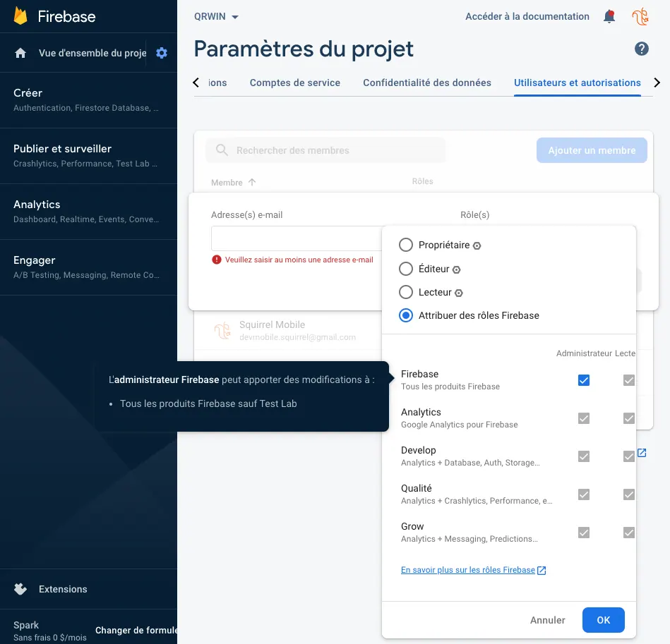 Ajout d’un membre au projet Firebase et attribution de son rôle