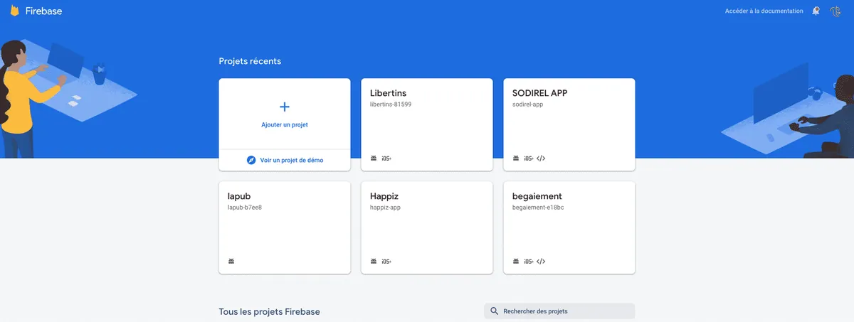 Console Firebase : liste des projets et bouton « Ajouter un projet »