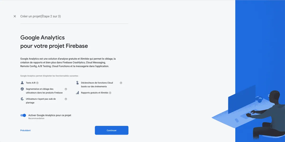 Création d’un projet Firebase, étape 2 sur 3 : activation de Google Analytics