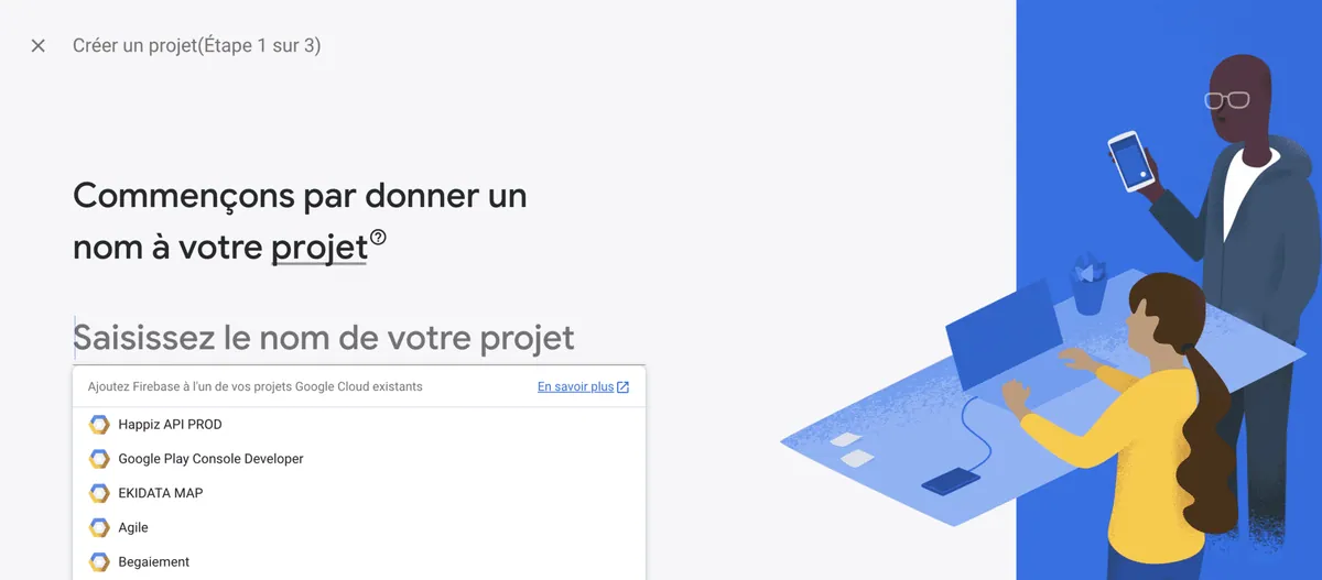 Création d’un projet Firebase, étape 1 sur 3 : le nom du projet
