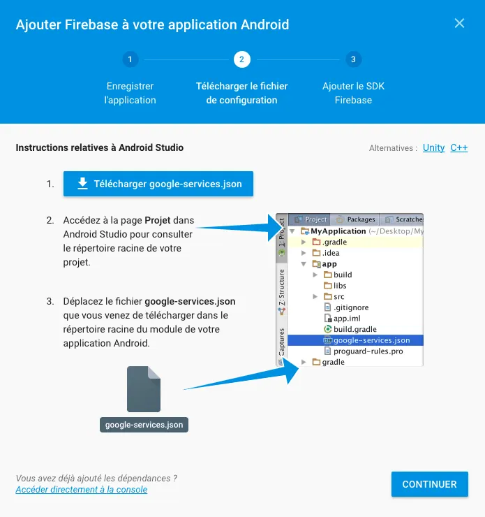 Ajout de Firebase à une application Android : téléchargement du fichier de configuration google-services.json