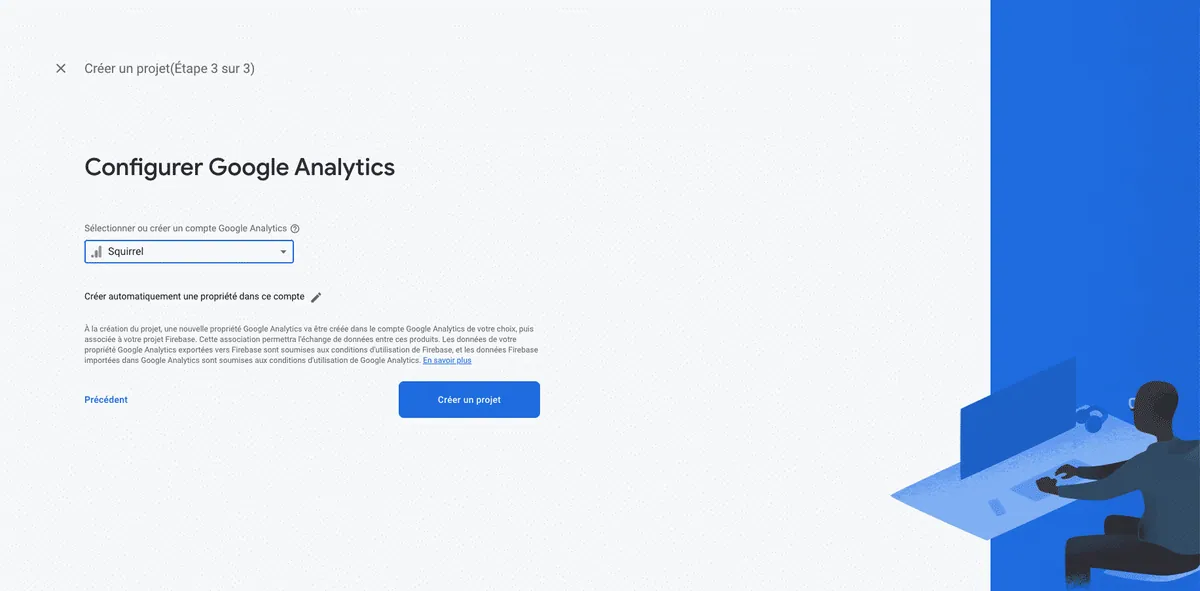 Création d’un projet Firebase, étape 3 sur 3 : choix du compte Google Analytics