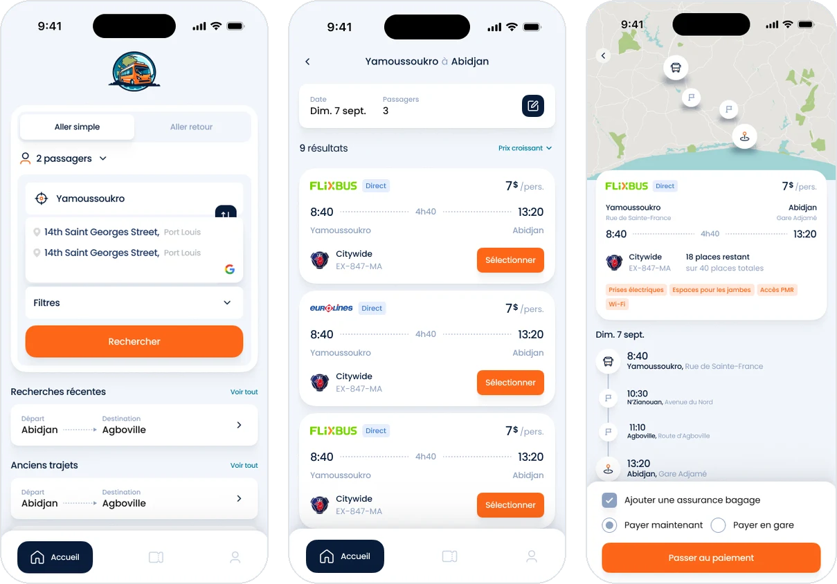 Application de réservation de trajets en car Ivoire Mobilité