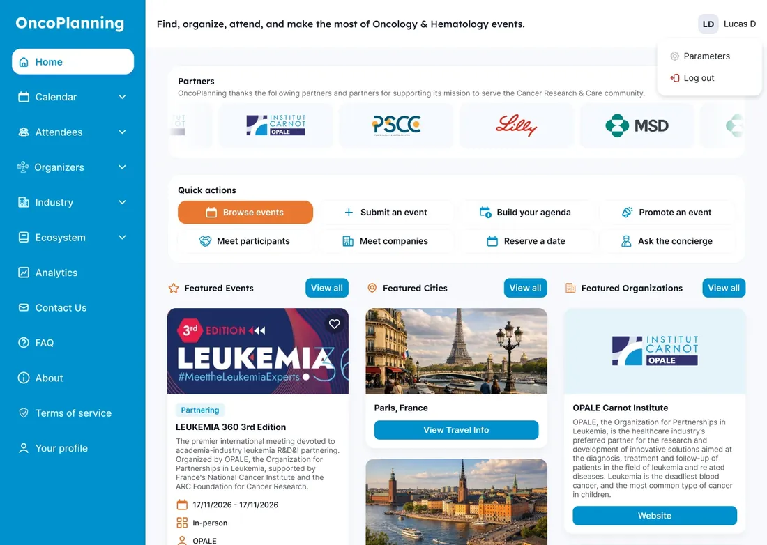 Plateforme OncoPlanning des événements d'oncologie