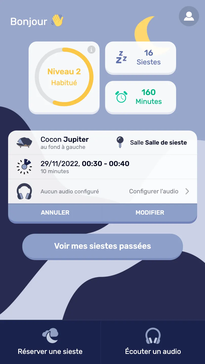 Application Nap&Up : écran d'accueil avec le niveau de repos et les siestes