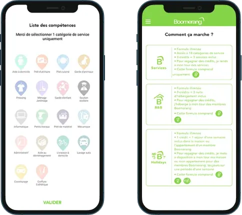 Application Boomerang : choix d'une catégorie de service et présentation des formules Services, B&B et Holidays