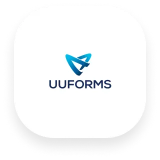 Icône de l'application UUFORMS : logo bleu en forme de triangle sur fond blanc arrondi