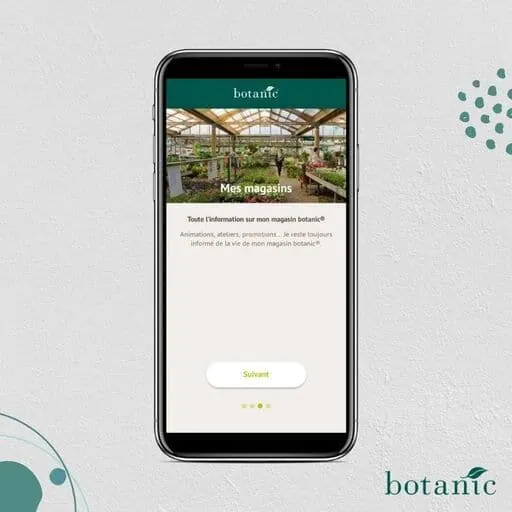 Application Botanic : étape de présentation Mes magasins pour suivre animations, ateliers et promotions de son magasin