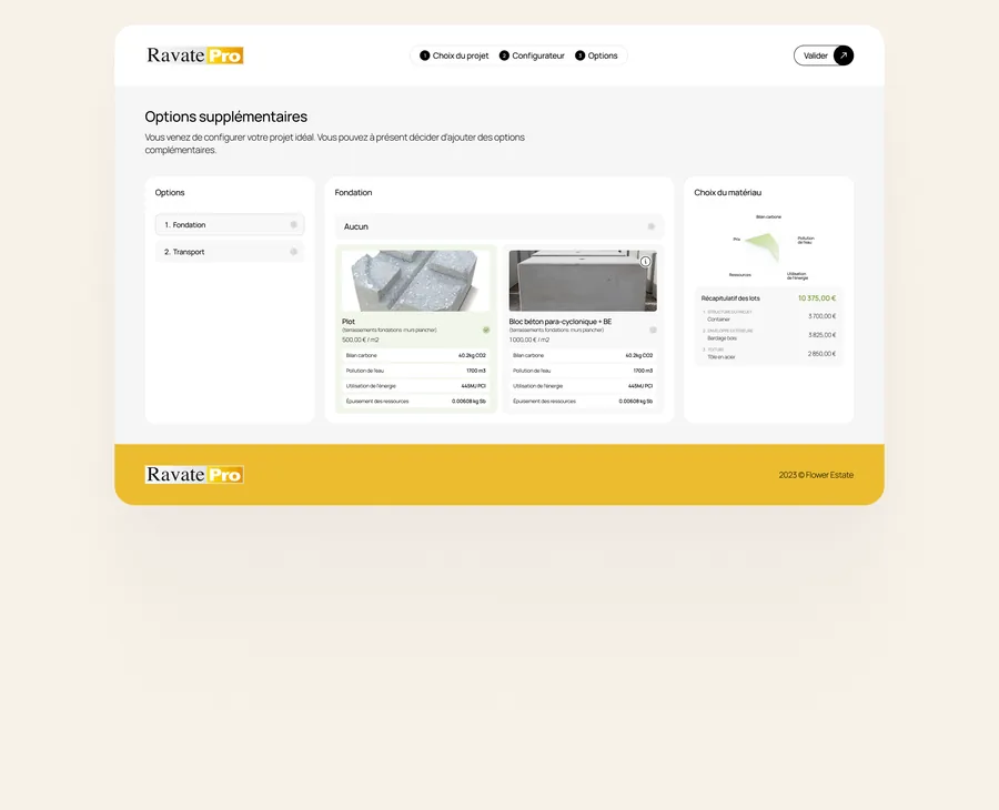 Configurateur de construction Ekohome : options de fondation avec impact environnemental par matériau et récapitulatif du prix par lot