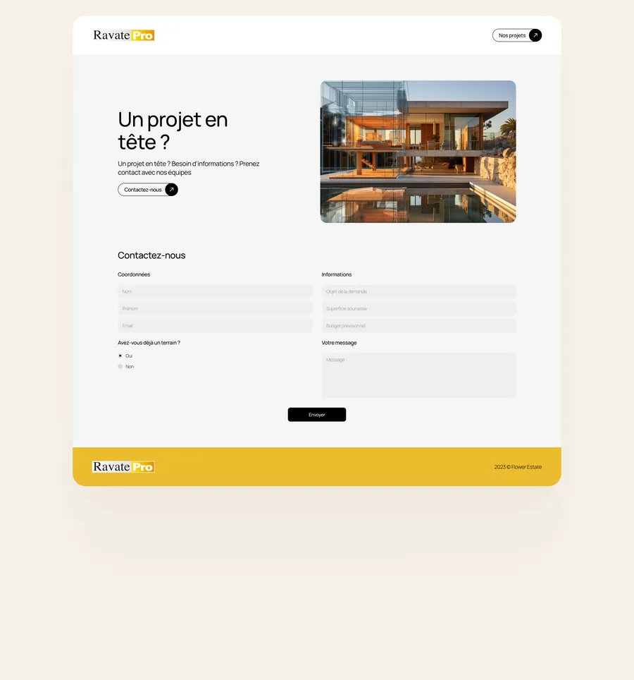 Configurateur de construction Ekohome : page de contact avec formulaire de projet, terrain, superficie et budget prévisionnel