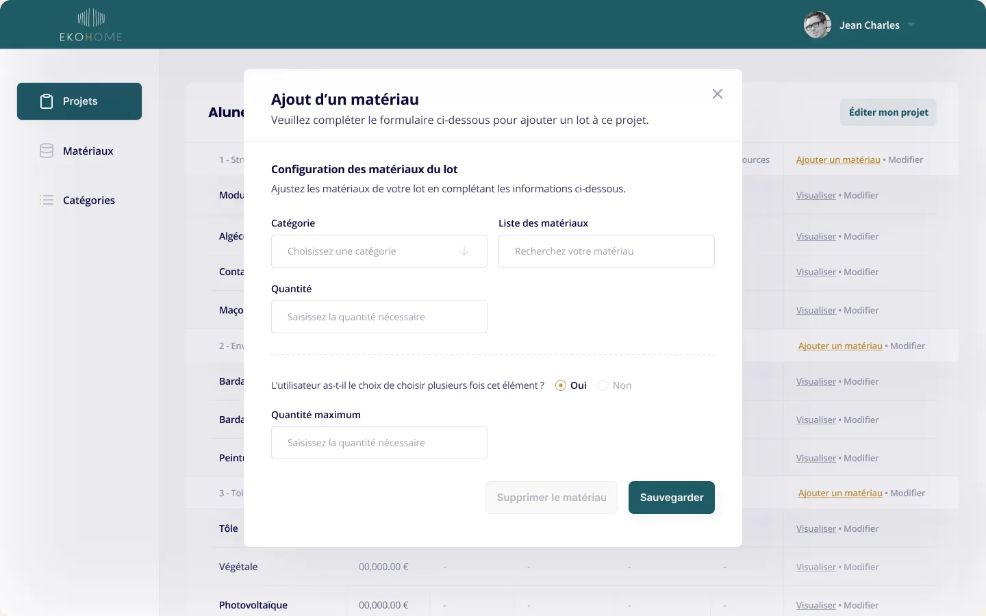 Back-office Ekohome : ajout d'un matériau à un lot, avec sa quantité
