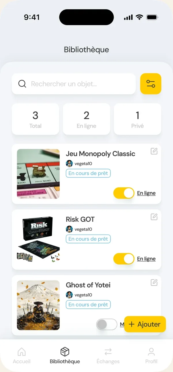 Application Enjows : bibliothèque de jeux d'un foyer avec leurs statuts de prêt