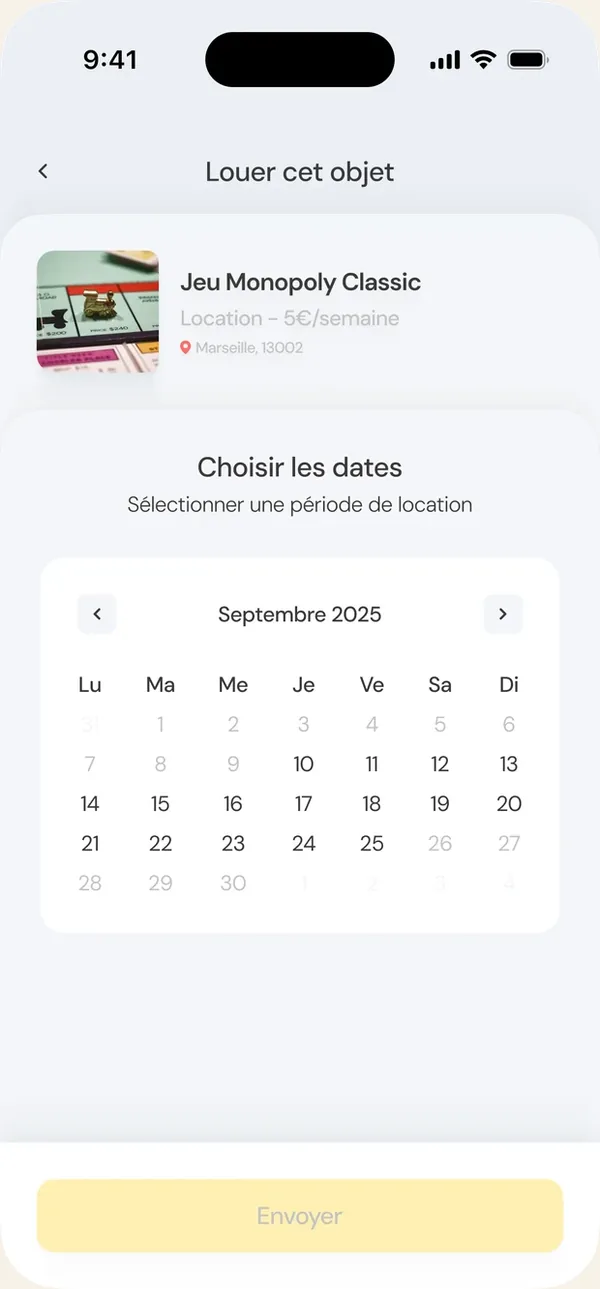 Location d'un jeu de société dans Enjows, avec le calendrier de sélection des dates