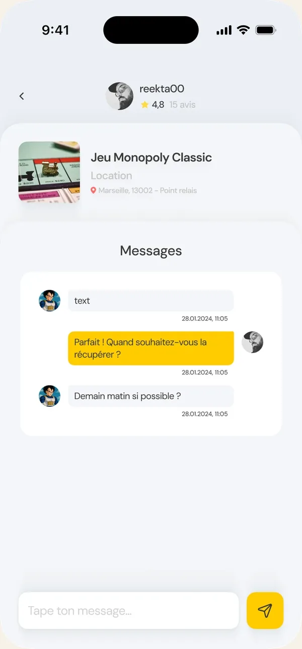 Messagerie intégrée d'Enjows entre deux utilisateurs autour de la location d'un jeu