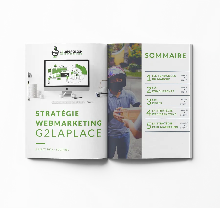 G2laplace : document de stratégie webmarketing ouvert sur la couverture et le sommaire, des tendances du marché au paid marketing