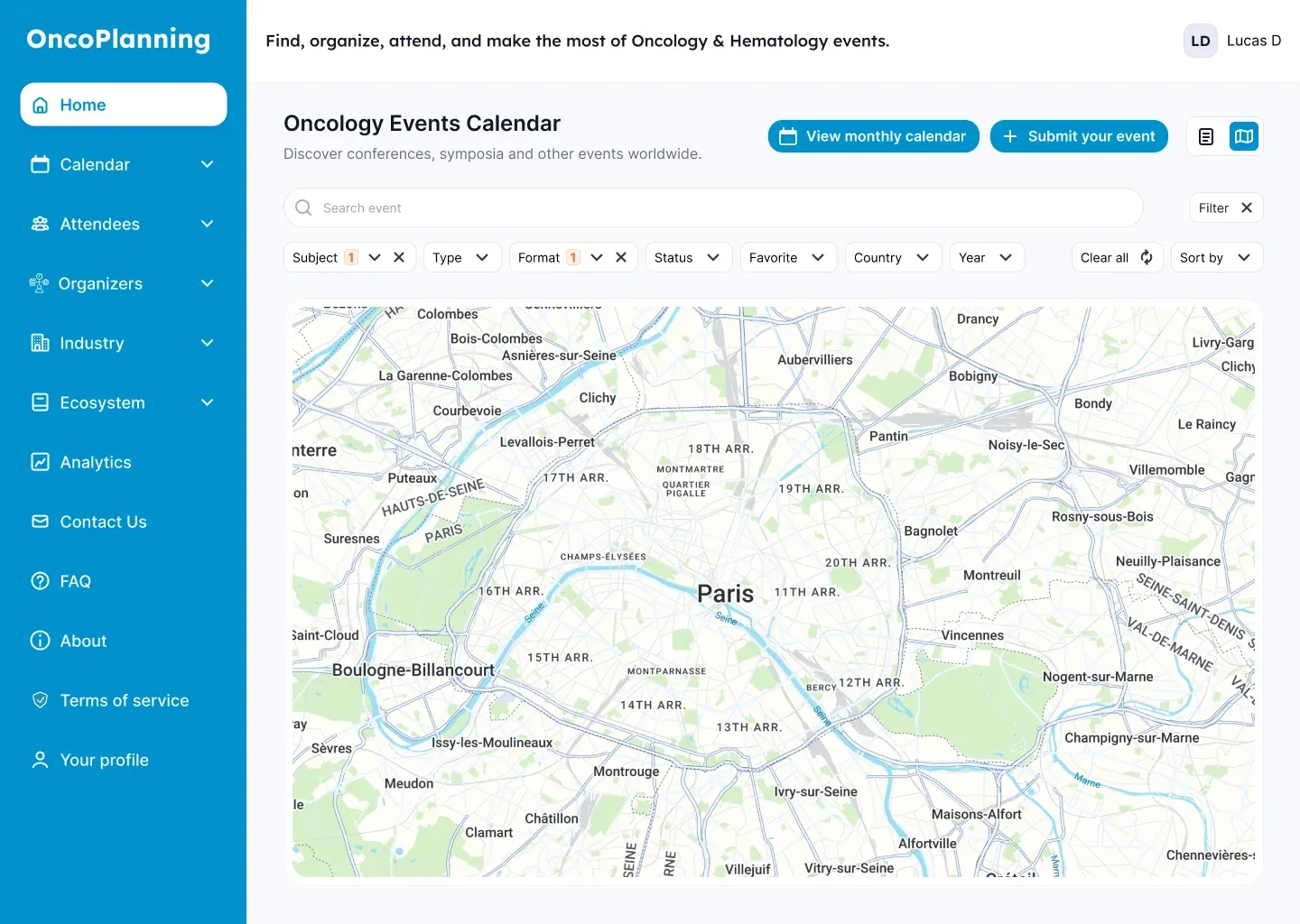 Vue carte des événements d'oncologie sur la plateforme OncoPlanning