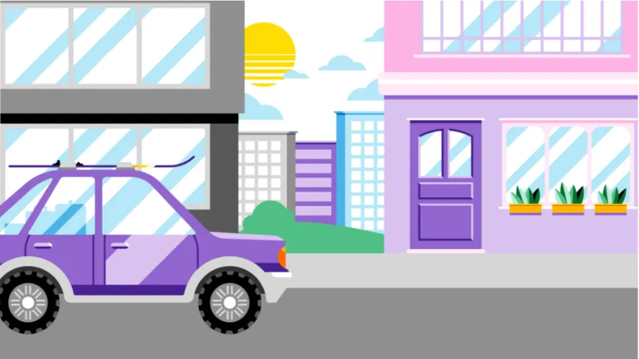 Illustration pour Orange France : rue en aplats de couleur avec une voiture violette devant des immeubles et une maison rose