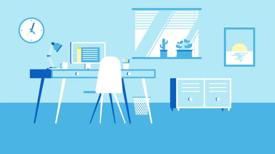 Illustration pour Orange France : bureau en aplats de bleu avec ordinateur, lampe, horloge murale et fenêtre