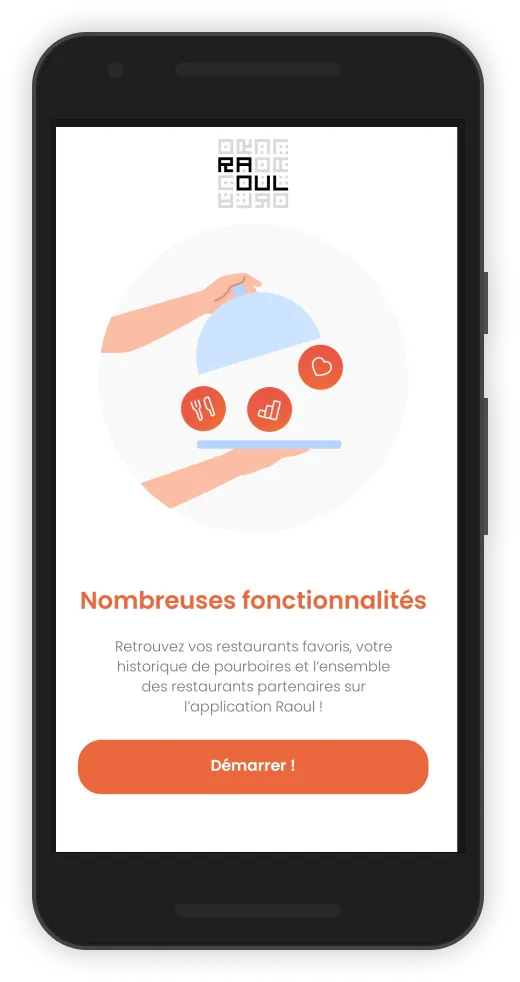 Application Raoul : écran d'introduction présentant restaurants favoris, historique de pourboires et restaurants partenaires