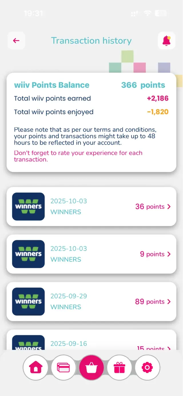 Application Wiiv : historique des transactions avec le solde, les points gagnés, les points utilisés et le détail par achat
