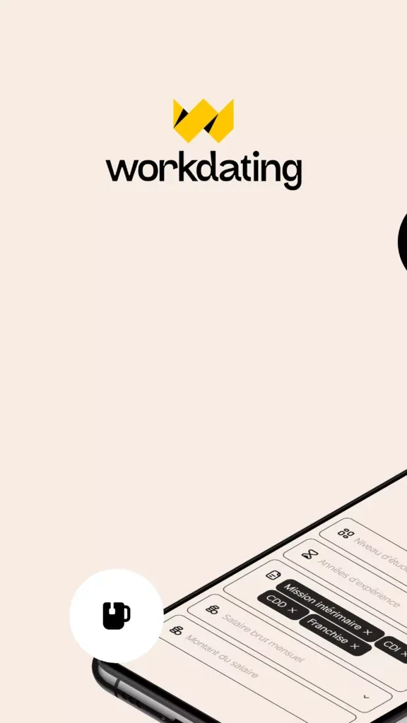 Application Workdating : visuel de store avec le logo et un smartphone affichant les critères de recherche, contrat et salaire