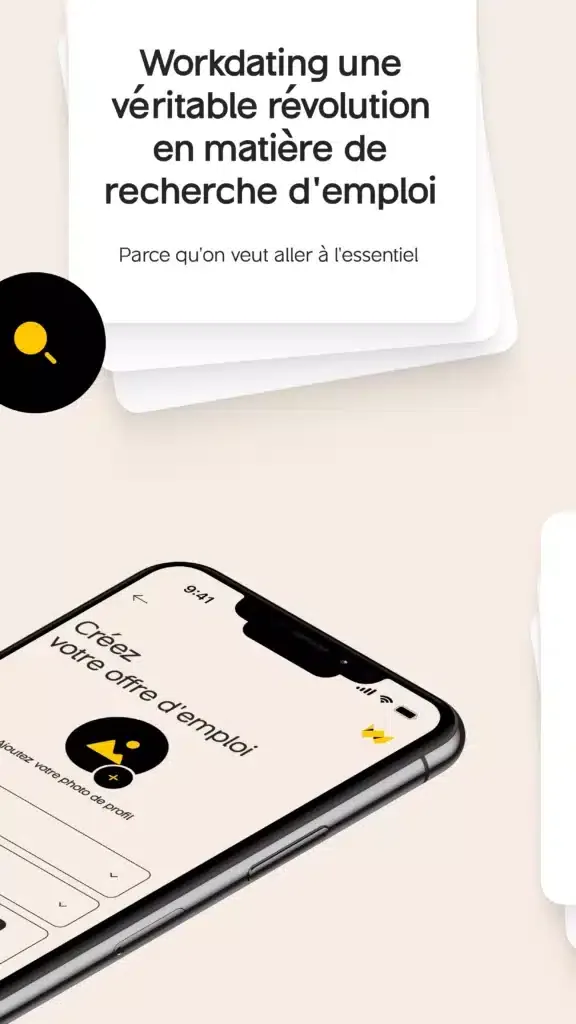 Application Workdating : visuel de store présentant la recherche d'emploi et l'écran de création d'une offre