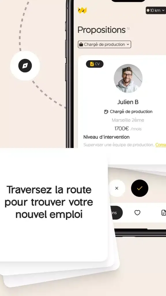 Application Workdating : visuel de store montrant une proposition de candidat avec poste, ville et salaire, à accepter ou refuser