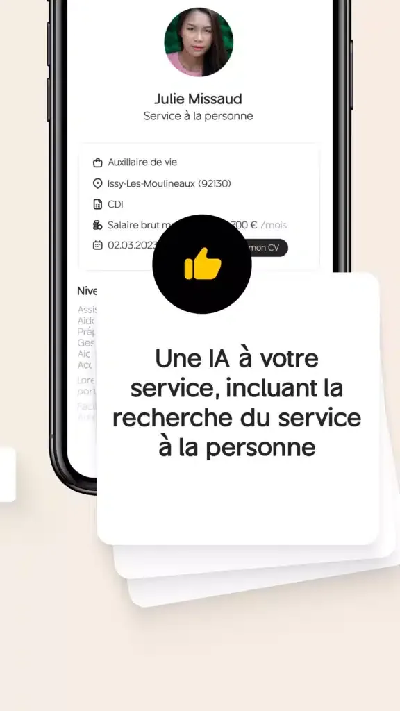 Application Workdating : visuel de store avec une fiche candidat en service à la personne et une accroche sur la recherche assistée par IA