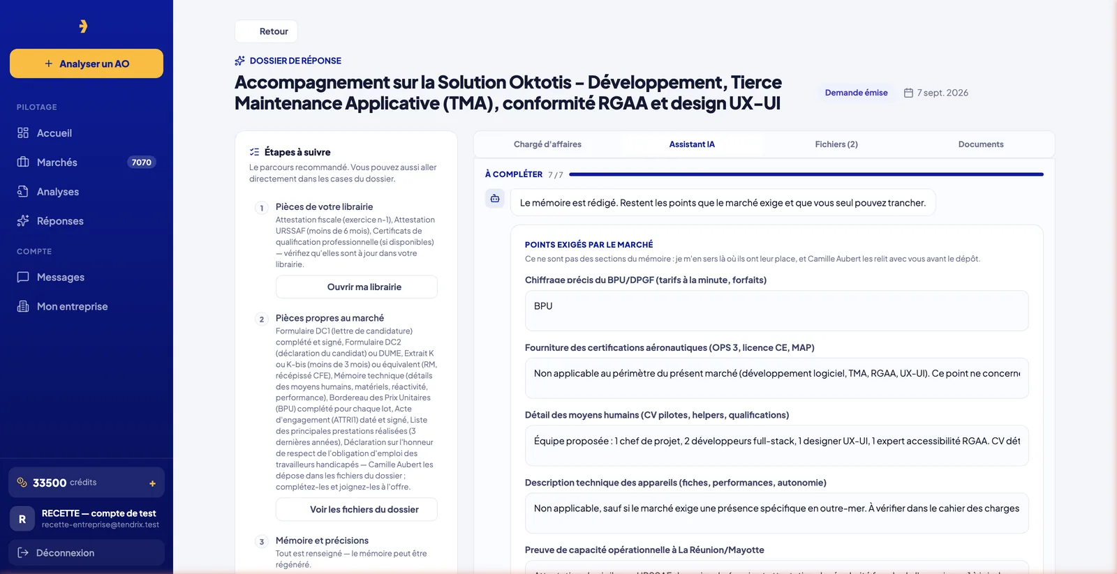 Assistant IA de Tendrix : le mémoire est rédigé, restent les points que seule l'entreprise peut trancher