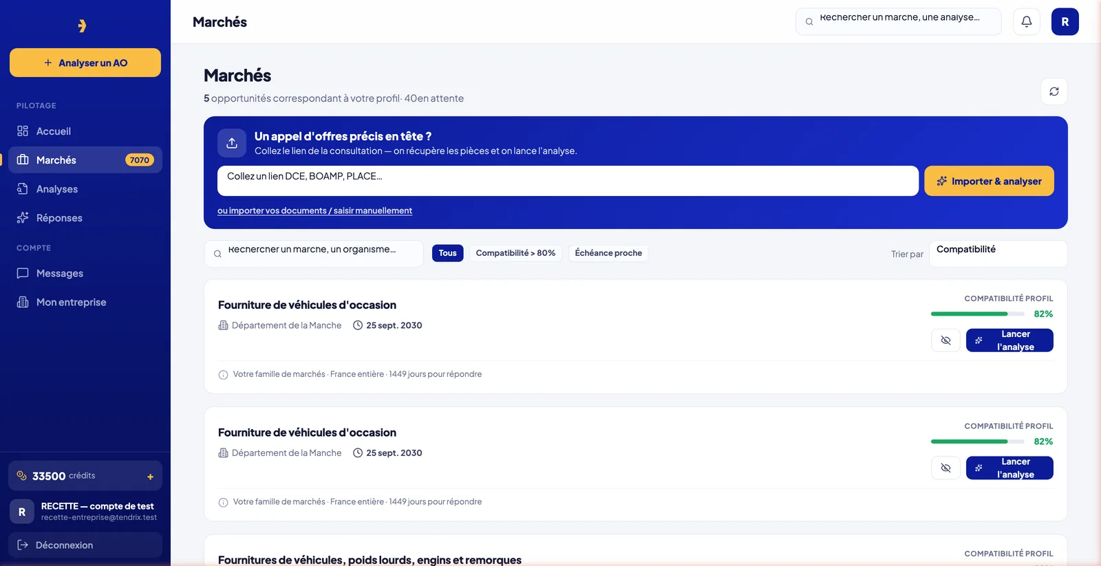 Liste des marchés publics dans Tendrix, avec la compatibilité de chaque appel d'offres