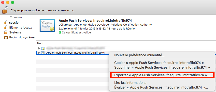 récupérer fichier ".p12" puis exporter "apple push service"