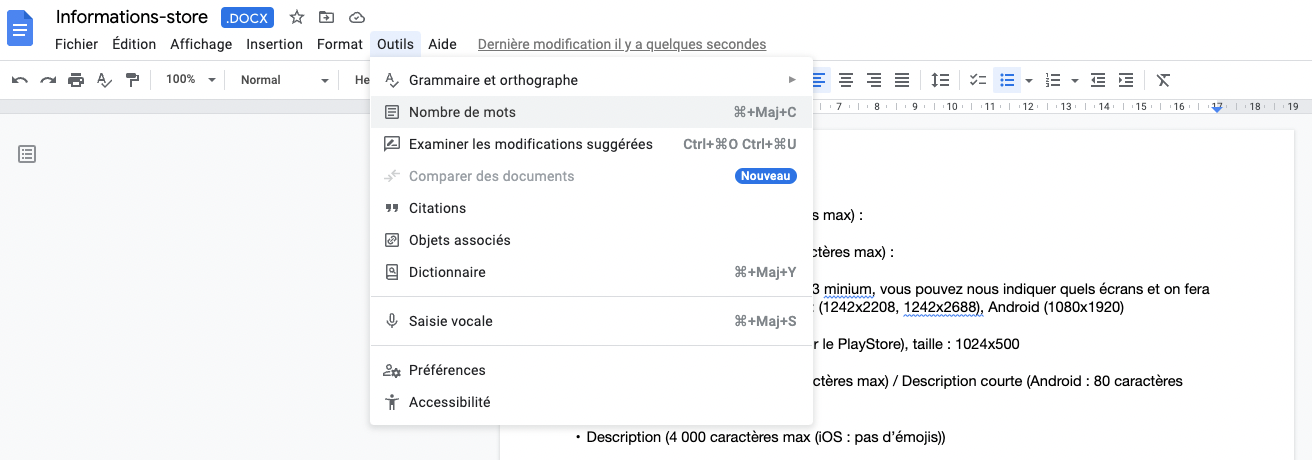 astuce connaitre le nombre de caractere fiche application mobile