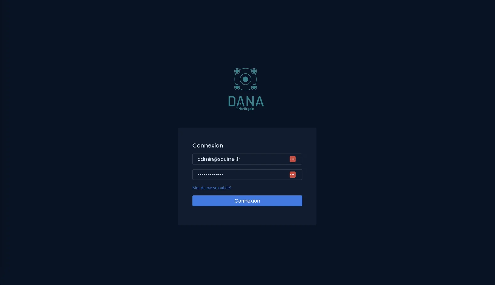 Écran de connexion de l'application web DANA développée par Squirrel CORP pour Martingale