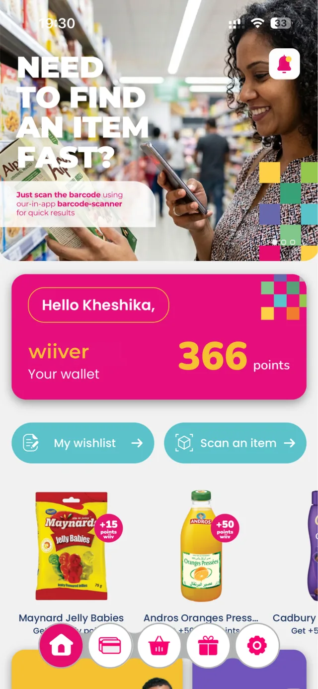 Écran d'accueil de l'application de fidélité Wiiv avec le solde de points