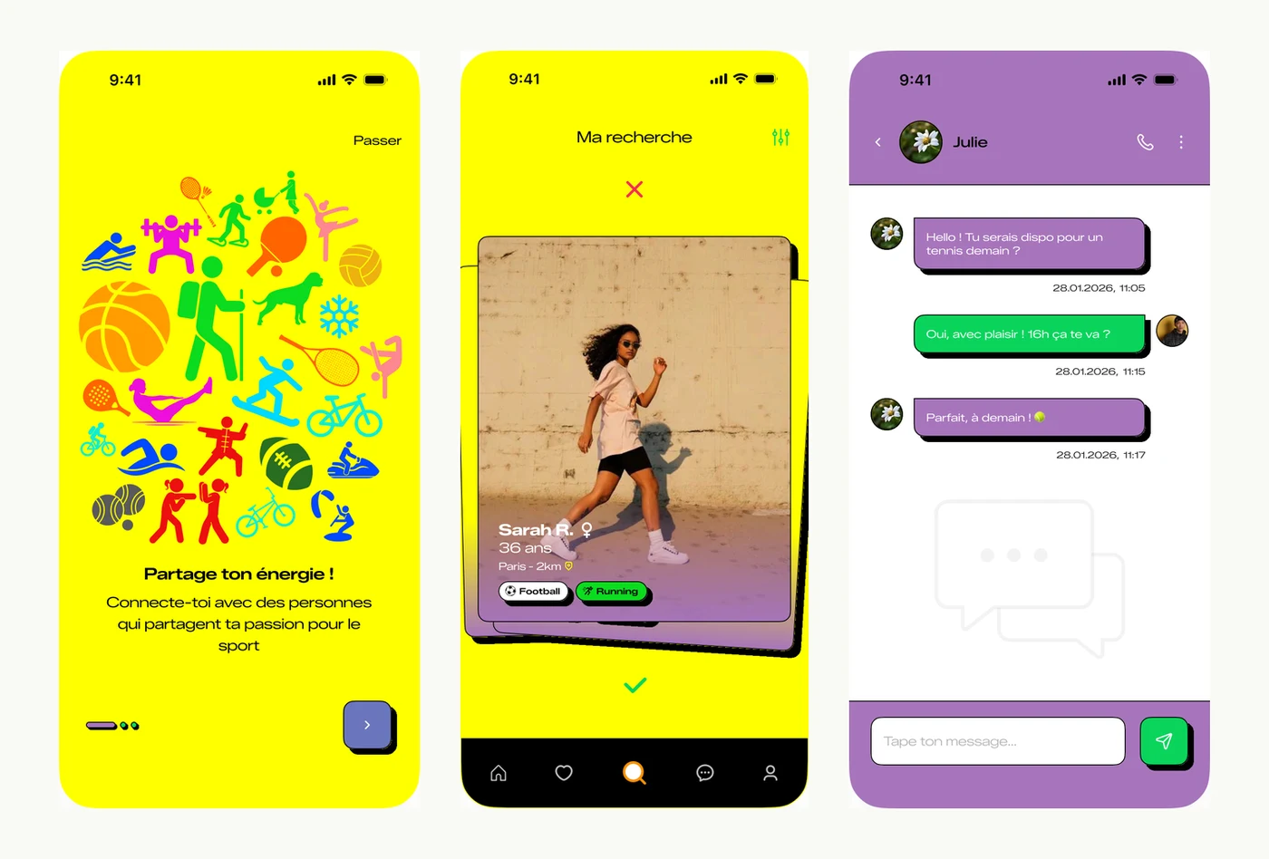 Écrans de l'application mobile Kiff de rencontres sportives : onboarding, recherche de partenaires par swipe et messagerie
